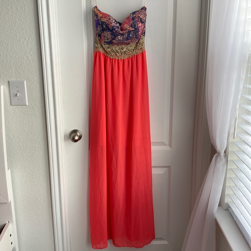 Pretty pink peachy strapless long dress